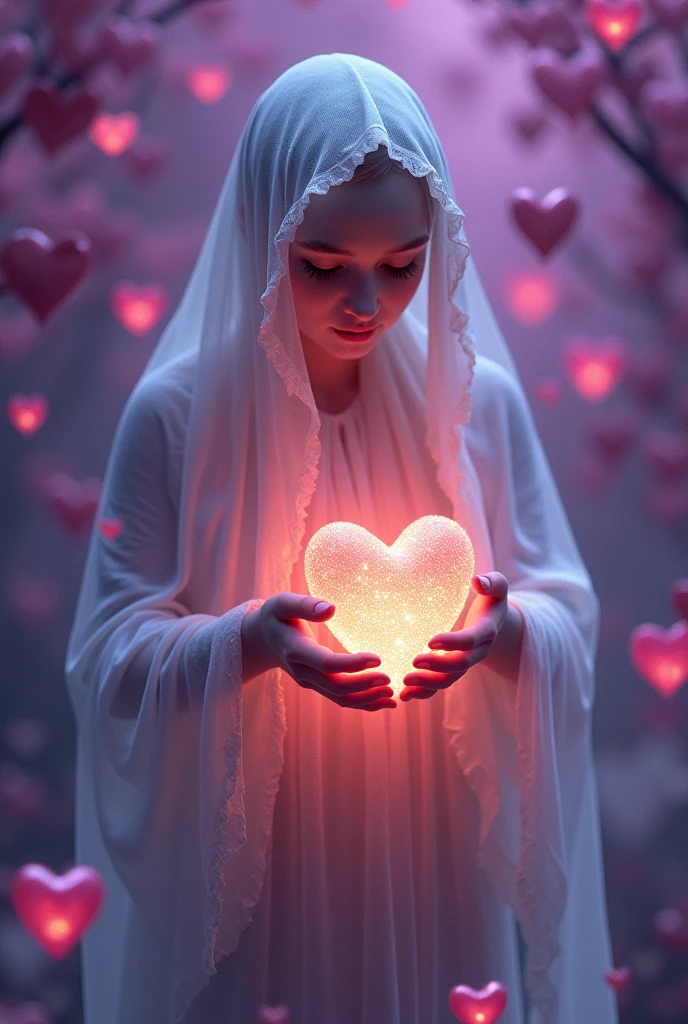 tender ghost with a burning heart in his hand with a background of shiny purple hearts