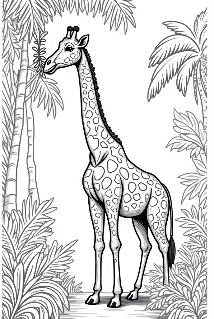 A black and white coloring book page of a giraffe in the jungle eating the leaves of a tall tree