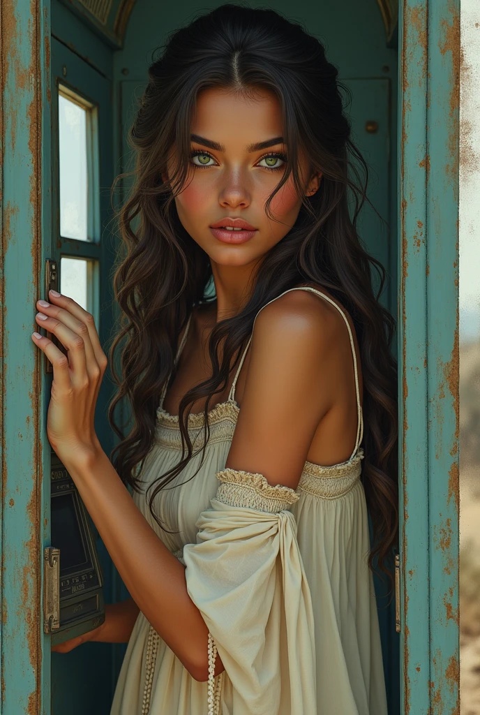 An illustrated movie poster., hand-drawn, full color, a young woman, wearing a chiton, Looks like Angela Aguilar, warm brown complexion, Jade green eyes, ashy hair, long loose curls, shoulder length hair, posing in a retro phone booth, hard shadows, graphite shading, template marks, acrylic paint with airbrush, masterpiece, in the style of Game of Thrones with a mix of neopunk or neocyberpunk