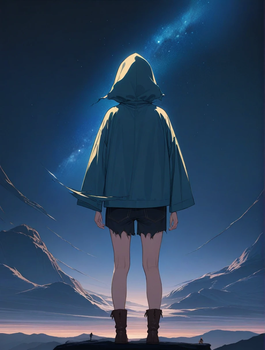 score_9, score_8_up, score_7_up, score_anime, masterpiece, top quality, delicate illustration, sharp lines, sharp focus, BREAK, a traveling girl wandering in the endless night world, the girl wears a hood and has a lot of stuff in her backpack, night , fantastic landscape, beautiful scenery, harmony with nature, spectacular view, space city, (((torn clothes))), (((torn hood))),shorts,boots