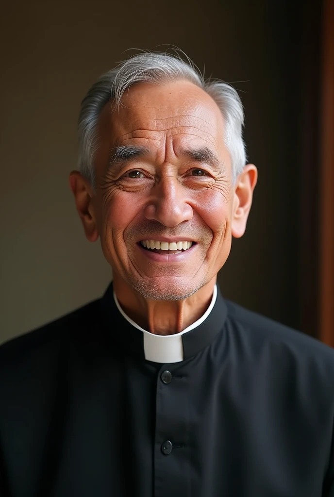AGE: Around 70 to 80 years old.
face: oval, with a serene and kind expression. She has fair skin that shows signs of aging., like soft wrinkles around the eyes. His face reflects wisdom and compassion.
hair: Gray-haired and thin, with some bald spots visible on top. His hair is short and combed back., in an orderly manner.
eyes: Small and deep, with a calm gaze.
eyebrows: Gray and thin, slightly arched.
nose: Straight and medium sized, well proportioned with the rest of her face.
boca: Thin-lipped, with a kind and reassuring smile. The lips show some lines that indicate their experience and age..
voice: Facial expression should convey warmth and serenity.
outfit: He wears a black cassock, traditional of the priests, with a visible white collar. The cassock is simple and unadorned., reflecting his humility and dedication.
bottom: A neutral or slightly blurred background that suggests a church setting or a community-related scene, like a humble neighborhood, to contextualize their social work.