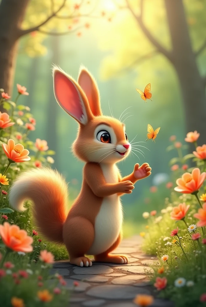 In a beautiful garden there is a cute animal that is talking and surrounded by butterflies.