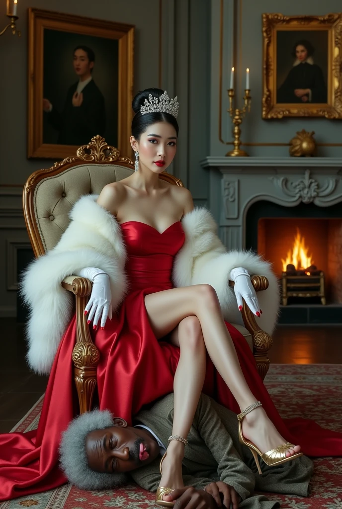 A korean young lady, slightly laugh, with white skin, black hair, dark eyes, red lips, dressed in a red satin mini short dress, white mink short cape, white gloves, tiara, shiny gold high-heeled sandal with white feather, red toenail, is sitting in a luxurious armchair, cross her legs, cover her mouth with folding fan.
Under her sandal an old African man, gray haired, thin, with marked ribs, scars on the skin, dressed in torn pants and a dirty shirt, is lying face down, and sticks out his tongue to clean the garbage from the floor.
In the background, an elegant room with gray walls, a fireplace lit in a corner, and decorative paintings.