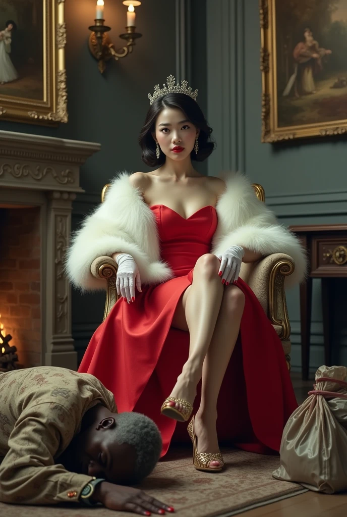 A korean young woman, with white skin, black hair, dark eyes, red lips, dressed in a red satin mini dress, white mink shawl, white gloves, tiara, gold high-heeled sandal, red toenail, is sitting in a luxurious armchair, cross her legs, cross her arms.
Under her sandal an old African man, gray haired, thin, with marked ribs, scars on the skin, dressed in torn pants and a dirty shirt, is lying face down, and sticks out his tongue to clean the garbage from the floor. 
In the background, an elegant room with gray walls, a fireplace lit in a corner, and decorative paintings.