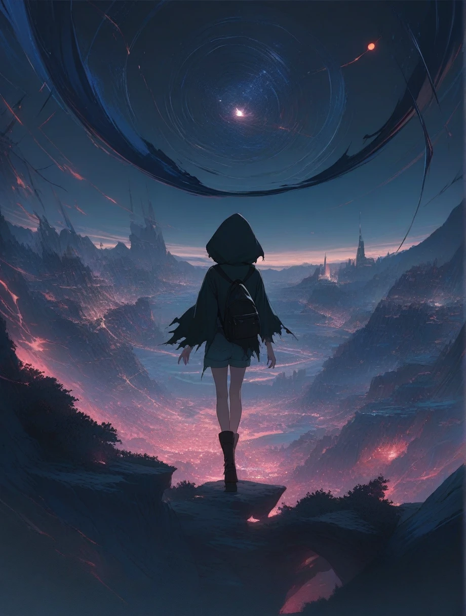score_9, score_8_up, score_7_up, score_anime, masterpiece, top quality, delicate illustration, sharp lines, sharp focus, BREAK, a traveling girl wandering in the endless night world, the girl wears a hood and has a lot of stuff in her backpack, night , fantastic landscape, beautiful scenery, harmony with nature, spectacular view, futuristic city, (((torn clothes))), (((torn hood))),shorts,boots