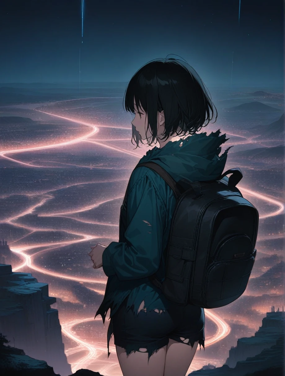 score_9, score_8_up, score_7_up, score_anime, masterpiece, top quality, delicate illustration, sharp lines, sharp focus, BREAK, a traveling girl wandering in the endless night world, the girl wears a hood and has a lot of stuff in her backpack, night , fantastic landscape, beautiful scenery, harmony with nature, spectacular view, futuristic city, (((torn clothes))), (((torn hood))),shorts,boots