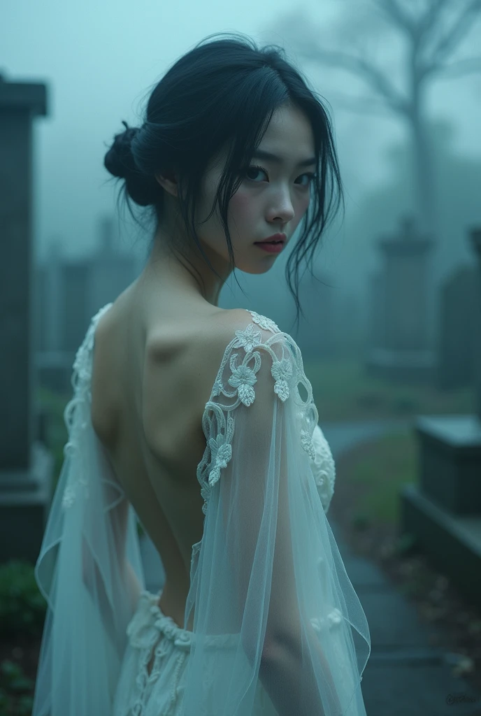 (Female ghost:1.7)、(((In the fog)))、((The body is blurred))、young woman、(Beauty)、Japanese、cute、1、((sexy))、Background Graveyard、Beautiful back、(((sexyな衣装)))、soul、(best quality,4K,8k,highres,masterpiece:1.2),ultra-detailed,(realistic,photorealistic,photo-realistic:1.37),HDR,uhd,studio lighting,ultra-fine painting,sharp focus,physically-based rendering,extreme detail description,professional,vivid colors,bokeh,cinematic lighting,dramatic shadow,