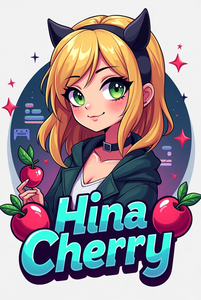 Hina Cherry Name Logo, themed around a nerdy teenage girl playing video games, that is a cool girl, that she is a blonde, greeneyes