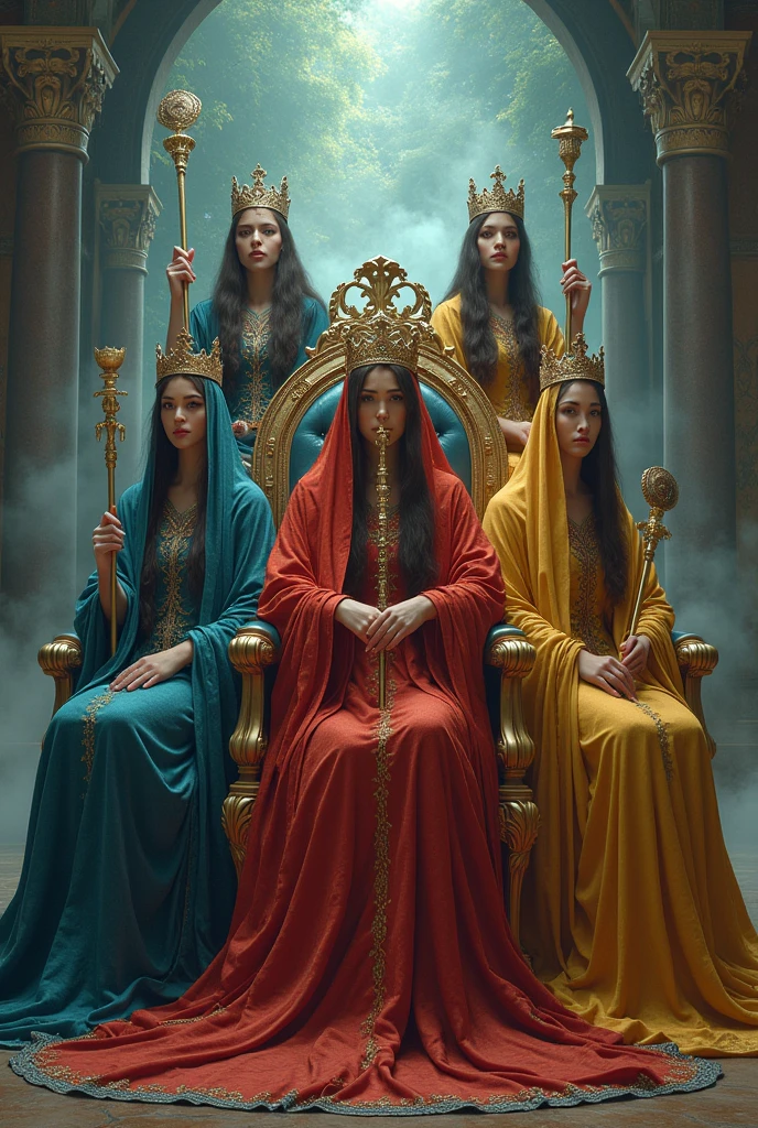 5 women dressed as witches, with a long tunic of different colors, the tunic covers their hair, with a setro in their hand, with their crown on their head, perched on a beautiful throne, behind her there is an open portal to another dimension .