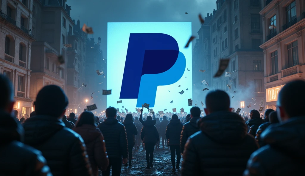 Realistic PayPal logo, in the center of a devastated city, with the PayPal logo blended with the night scenery, with a crowd of people protesting around money flying, corruption, dark atmosphere