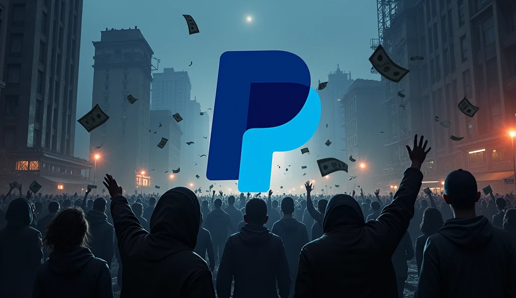 Realistic PayPal logo, in the center of a devastated city, with the PayPal logo blended with the night scenery, with a crowd of people protesting around money flying, corruption, dark atmosphere