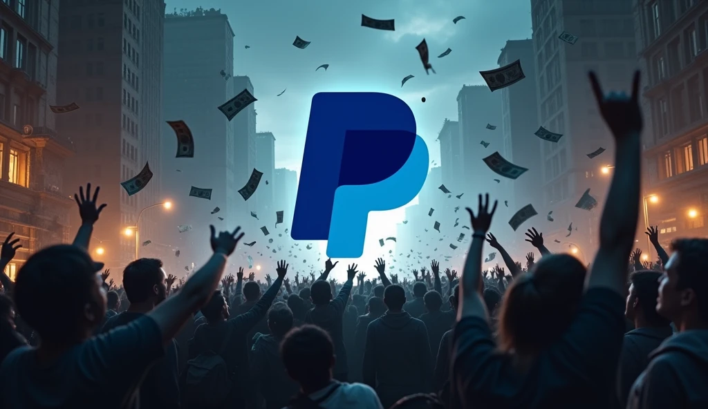 Realistic PayPal logo, in the center of a devastated city, with the PayPal logo blended with the night scenery, with a crowd of people protesting around money flying, corruption, dark atmosphere