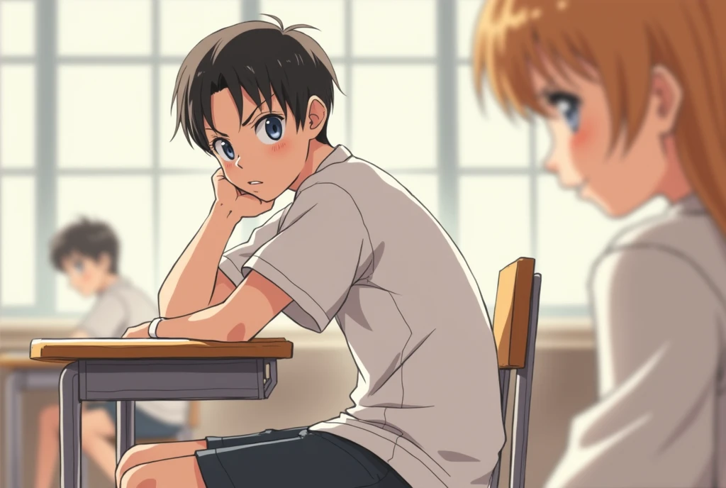 pencil drawing, sketch, lineart, the scene depicts a boy sitting in a classroom, looking thoughtfully at another student, who is out of focus in the foreground. The perspective of the image focuses on an angle that highlights the interaction between the two students,