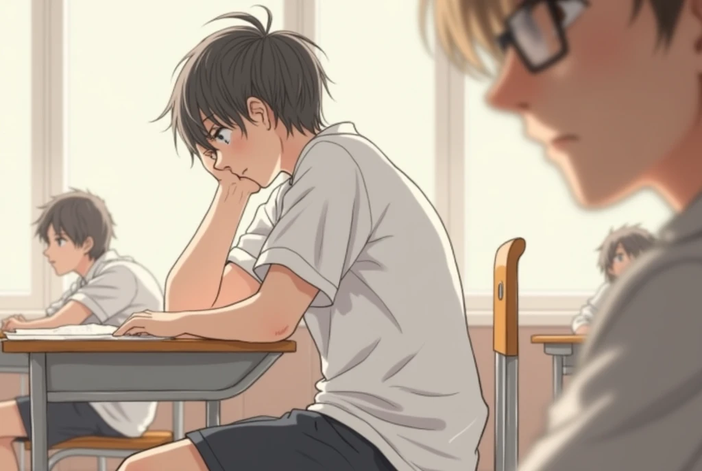 pencil drawing, sketch, lineart, the scene depicts a boy sitting in a classroom, looking thoughtfully at another student, who is out of focus in the foreground. The perspective of the image focuses on an angle that highlights the interaction between the two students,