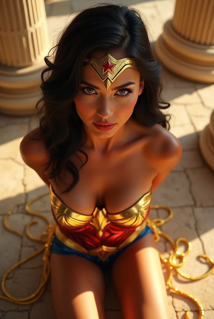 Wonder woman kneeling ties up naked with her golden lasso, the lasso is glowing a golden yellow, hands bound behind her back, ((high angle)), fish eye lens, close up on face, beautiful, stunning, perfect eyes, glamour makeup, seductive, perky breasts, location is Ancient Greece, temple, cleavage