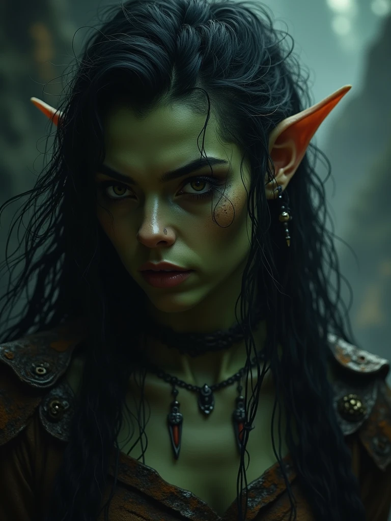 cinematic portrait of a beautiful orc girl