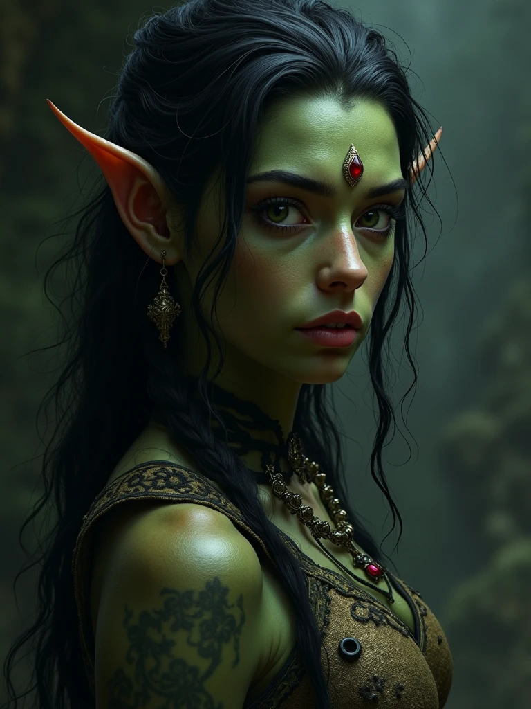 cinematic portrait of a beautiful orc girl