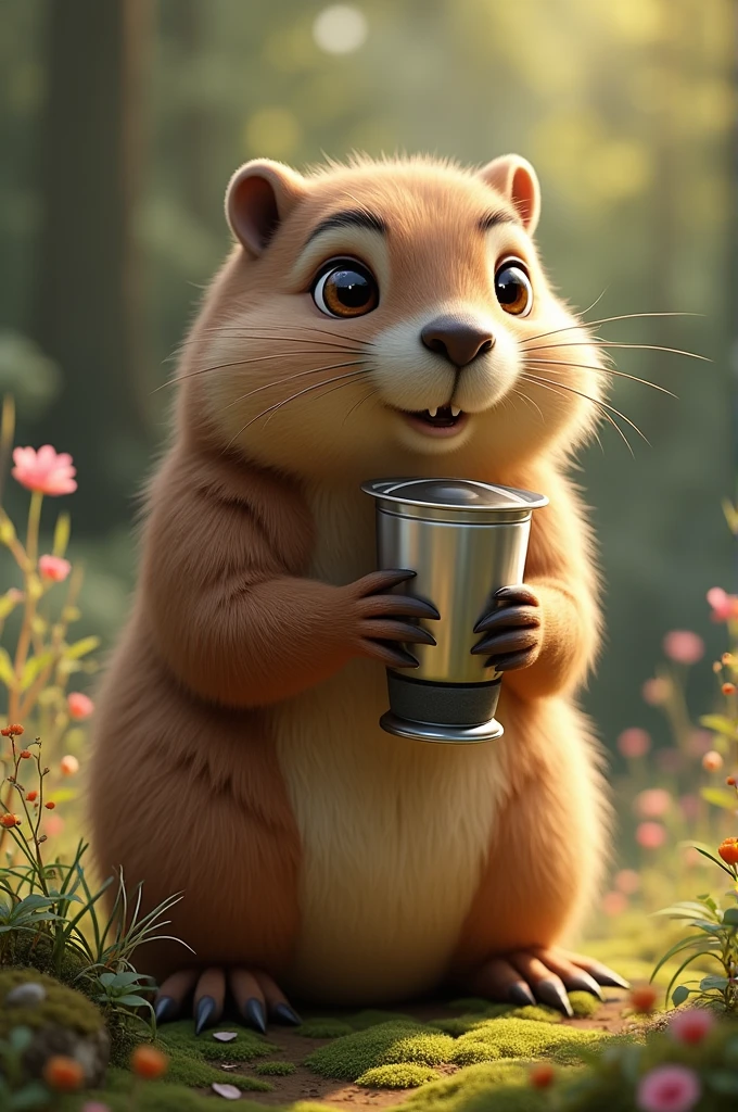 female groundhog, brown fur, with a blender in hand 