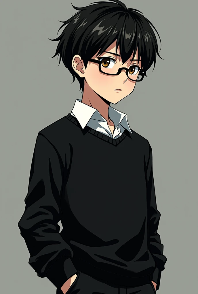  A boy,White shirt,black sweater,Black pants,black hair,clear brown eyes,glasses,Cold look,anime/manga
