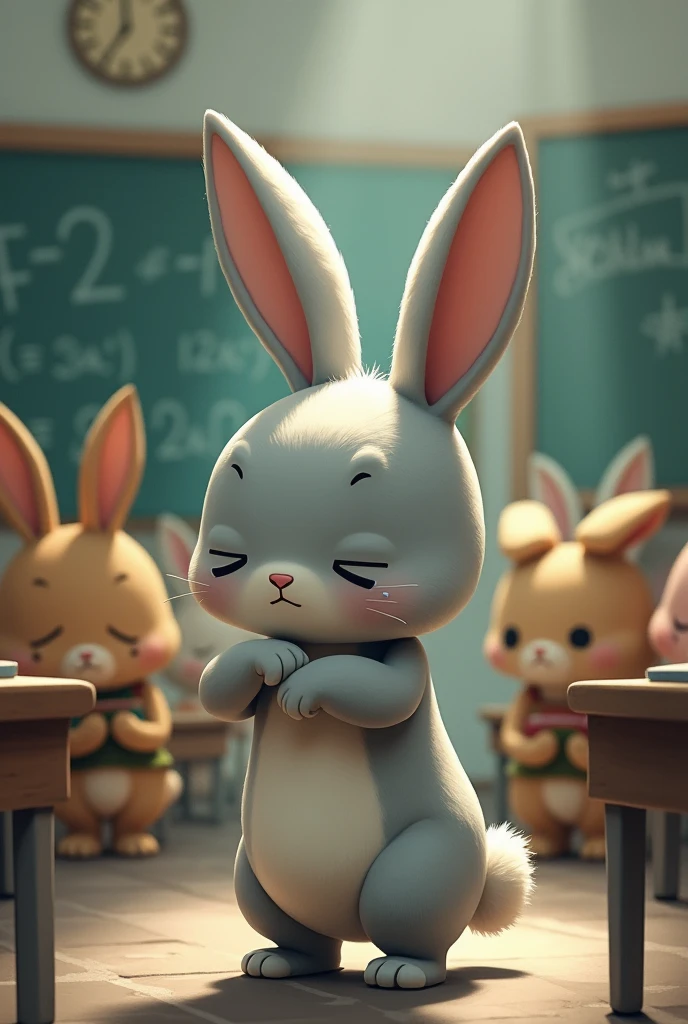 LIGHT LEAD COLORED BUNNY STAYS DEVASTATED NEXT TO HIS VARIOUS FRIENDS AT SCHOOL
