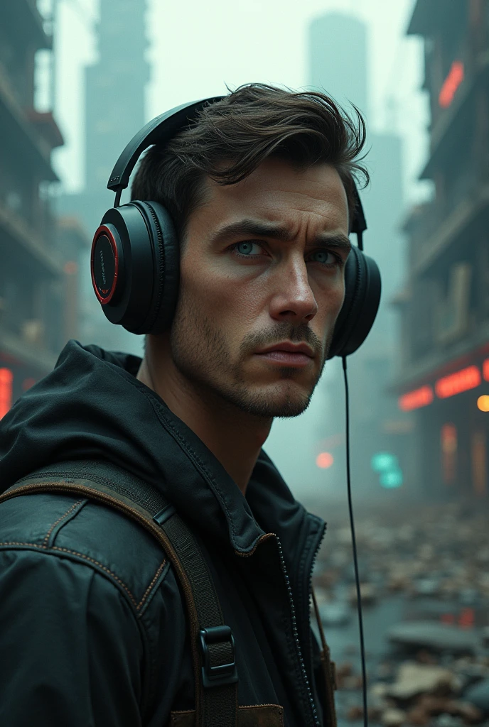 Man listening to music with his big headphones facing an apocalyptic cyberpunk landscape without a beard dark brown hair very blue eyes 