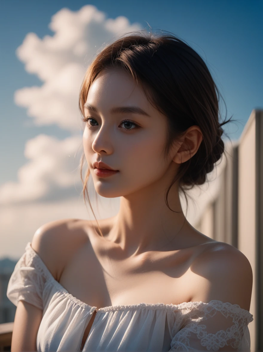 beautiful young woman in an off-the-shoulder dress, close-up portrait, detailed facial features, looking directly at camera, against a bright blue sky with some clouds, outdoor scene with soft shadows and high key lighting, dark and moody tones, film grain, photorealistic, masterpiece quality