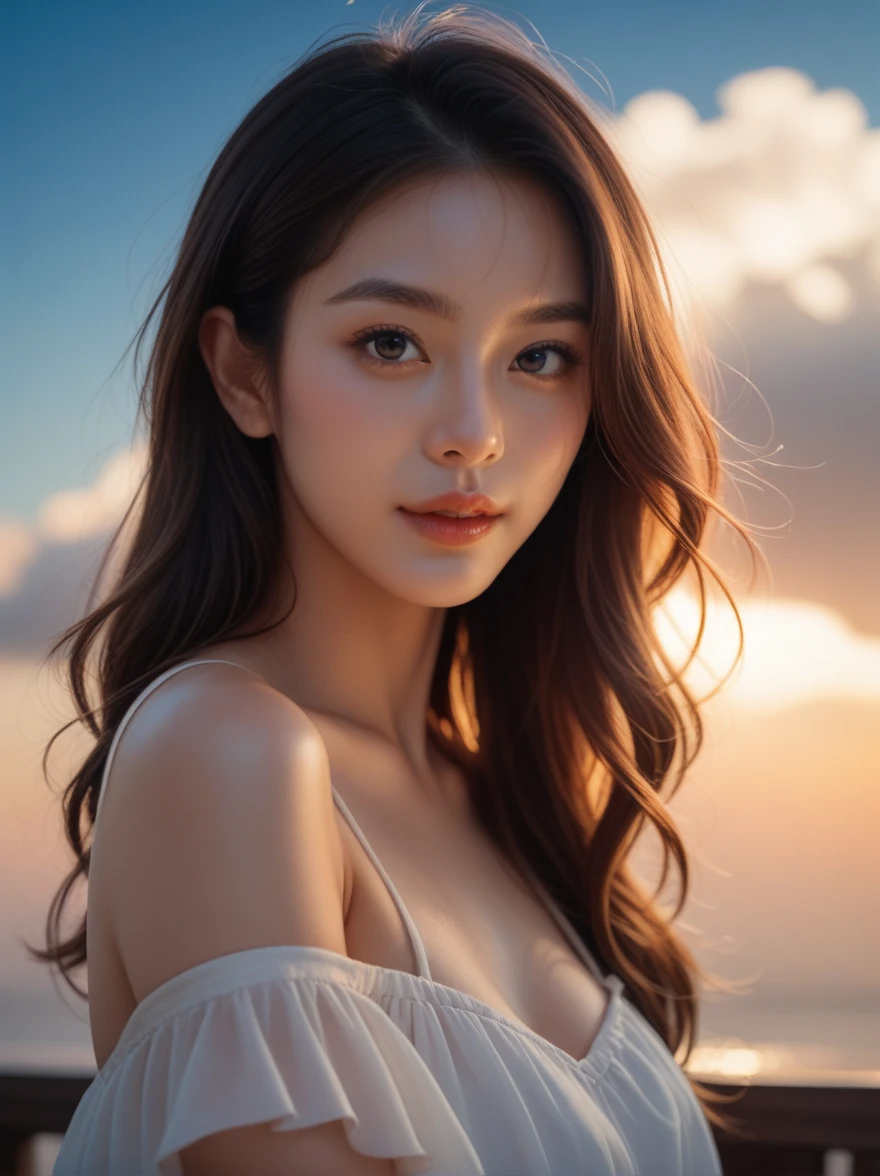 beautiful young woman in an off-the-shoulder dress, close-up portrait, detailed facial features, looking directly at camera, against a bright blue sky with some clouds, outdoor scene with soft shadows and high key lighting, dark and moody tones, film grain, photorealistic, masterpiece quality