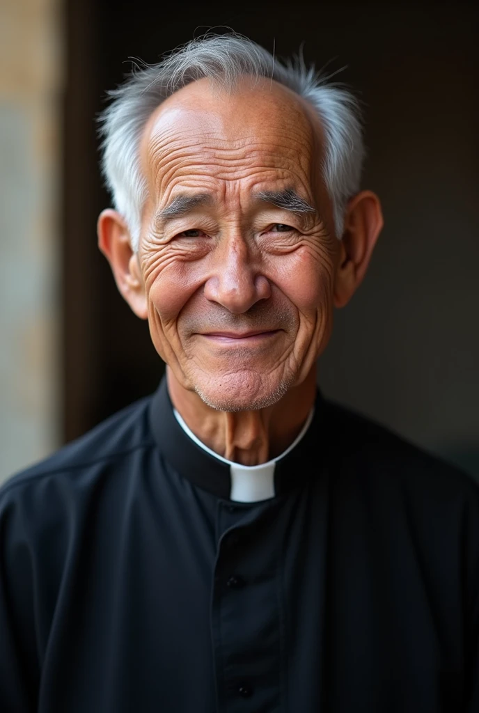 AGE: Around 70 to 80 years old.
face: oval, with a serene and kind expression. She has fair skin that shows signs of aging., like soft wrinkles around the eyes. His face reflects wisdom and compassion.
hair: Gray-haired and thin, with some bald spots visible on top. His hair is short and combed back., in an orderly manner.
eyes: Small and deep, with a calm gaze.
eyebrows: Gray and thin, slightly arched.
nose: Straight and medium sized, well proportioned with the rest of her face.
boca: Thin-lipped, with a kind and reassuring smile. The lips show some lines that indicate their experience and age..
voice: Facial expression should convey warmth and serenity.
outfit: He wears a black cassock, traditional of the priests, with a visible white collar. The cassock is simple and unadorned., reflecting his humility and dedication.
bottom: A neutral or slightly blurred background that suggests a church setting or a community-related scene, like a humble neighborhood, to contextualize their social work.