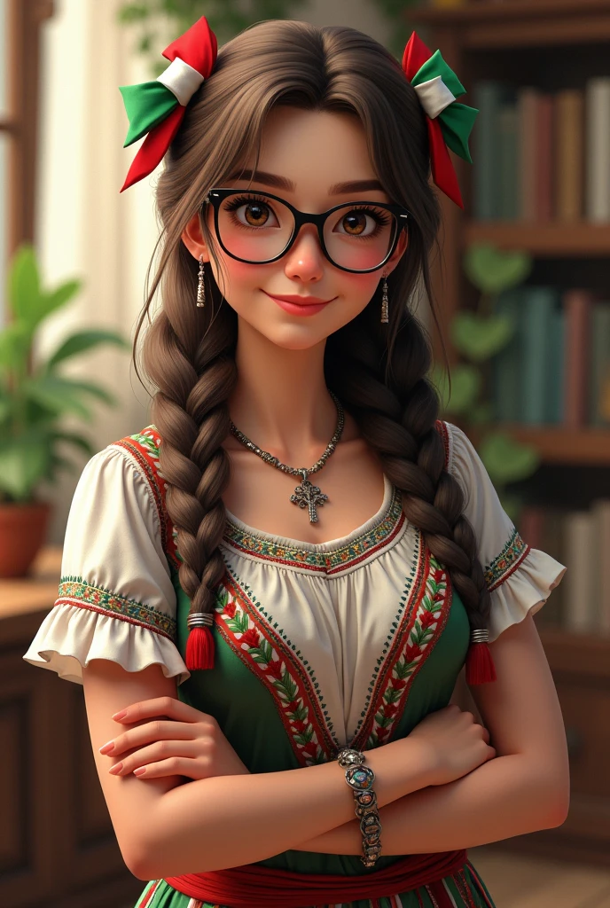 Female teacher with brown hair with two braids and Mexican tricolor bows, Brown eyes, wear glasses, dressed in typical Mexican clothing with a cross necklace and bracelets, she has a chubby body