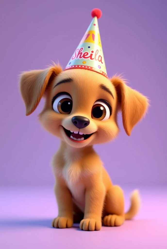Disney Pixar style 3d render of a mini Australian terrier puppy , color camel, with straight hair and disheveled hair. Very skinny, with medium short hair With a happy face and a birthday hat that says "Sheila". Violet plain background.