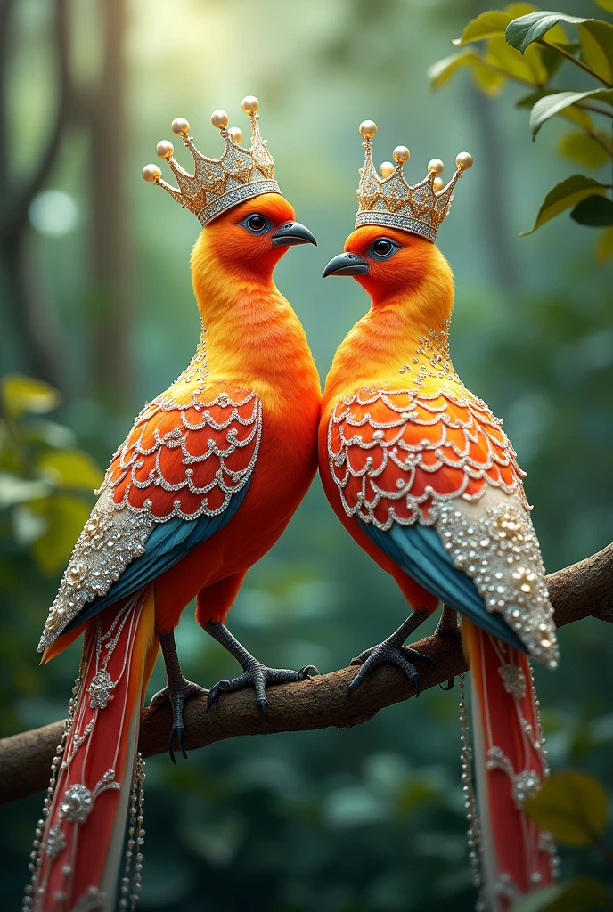 a pair of very beautiful colourful 4K birds which is chirping and speaking, its feathers are studded with diamonds and pearls. On its head is a crown of gold, silver and diamonds and pearls, The birds' long, graceful tail feathers should feature ornate white designs with bead-like decorations. The background should be softly blurred, with natural sunlight filtering through the dense green foliage, creating a magical, serene atmosphere. Capture the details of the birds’ feathers and the hats in ultra-sharp resolution, ensuring a visually stunning and realistic appearance."