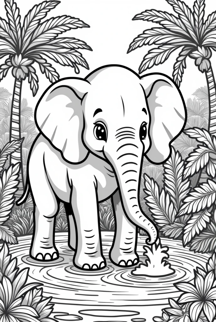 A black and white coloring book page of an elephant playing with water in the jungle