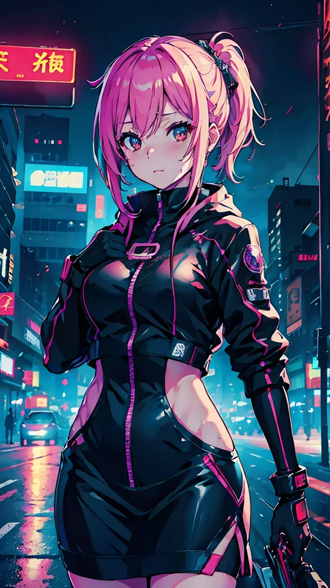 Rina Shinomiya、cyberpunk neon night city, smooth light, Belautiful, Depth of field, 8k, highy detailed, high qualiy, Mayor&#39;s body, muscular woman, highy detailed face, shredded abdomen, biker shorts, half-open jacket, black cowl, Glasses on the neck, high thigh, knee high boots, long sleeves,  , large red eyes, dynamic, short green hair, sexly,  breasts small, gesugao,  , eerie glowing red eyes,   burlas, leaning forward, view from the bottom, view from the bottom para cima, sweaty, sweating, sweat, humida, lingerie white, Bela, pale white skin, tatsumaki, (full body shot shot:1) view from the bottom, view from the bottom para cima, looking ahead at viewer, work of art, high detailed 8k, full body shot shot, Nicole Demara, Belautiful woman, Broad Hips, thick-thighs, thick calves, muscular female, Waist slender, Fine body, breasts small, , shredded abdomen, Fitness, muscular female