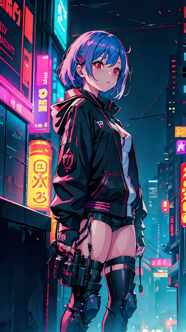 Rina Shinomiya、cyberpunk neon night city, smooth light, Belautiful, Depth of field, 8k, highy detailed, high qualiy, Mayor&#39;s body, muscular woman, highy detailed face, shredded abdomen, biker shorts, half-open jacket, black cowl, Glasses on the neck, high thigh, knee high boots, long sleeves,  , large red eyes, dynamic, short green hair, sexly,  breasts small, gesugao,  , eerie glowing red eyes,   burlas, leaning forward, view from the bottom, view from the bottom para cima, sweaty, sweating, sweat, humida, lingerie white, Bela, pale white skin, tatsumaki, (full body shot shot:1) view from the bottom, view from the bottom para cima, looking ahead at viewer, work of art, high detailed 8k, full body shot shot, Nicole Demara, Belautiful woman, Broad Hips, thick-thighs, thick calves, muscular female, Waist slender, Fine body, breasts small, , shredded abdomen, Fitness, muscular female