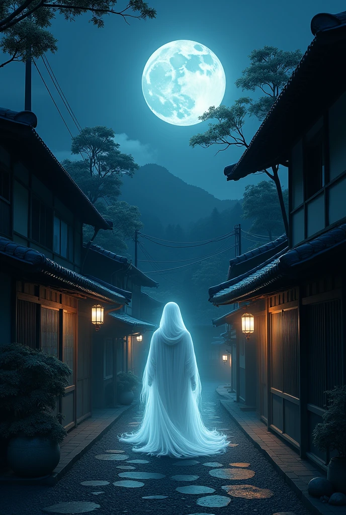Quiet Japanese village night full moon mysterious Fantasy Light and shadow Apparition