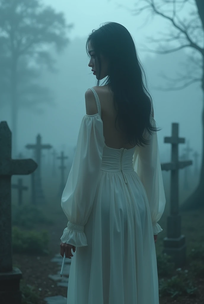 (Female ghost:1.7)、(((In the fog)))、((The body is blurred))、young woman、(Beauty)、Japanese、cute、1、((sexy))、Background Graveyard、Beautiful back、(((sexyな衣装)))、soul、cigarette、(best quality,4K,8k,highres,masterpiece:1.2),ultra-detailed,(realistic,photorealistic,photo-realistic:1.37),HDR,uhd,studio lighting,ultra-fine painting,sharp focus,physically-based rendering,extreme detail description,professional,vivid colors,bokeh,cinematic lighting,dramatic shadow,