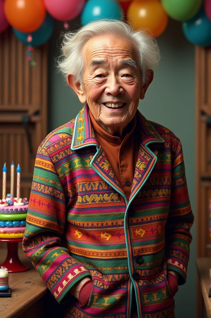 Make me This character could be portrayed wearing a colorful jacket full of traditional patterns. Your expression must be nostalgic, and the background could include festive elements such as balloons, Birthday cakes and typical decorations.