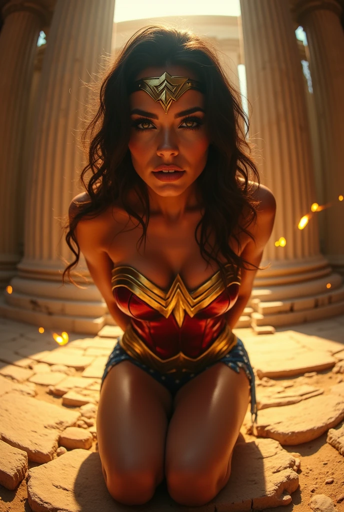 View from behind, view from rear, show her ass, Wonder woman kneeling ties up naked with her golden lasso, the lasso is glowing a golden yellow, hands bound behind her back, very low angle, fish eye lens, close up on face, beautiful, stunning, perfect eyes, glamour makeup, seductive, perky breasts, Ancient Greece, temple, cleavage, round ass,