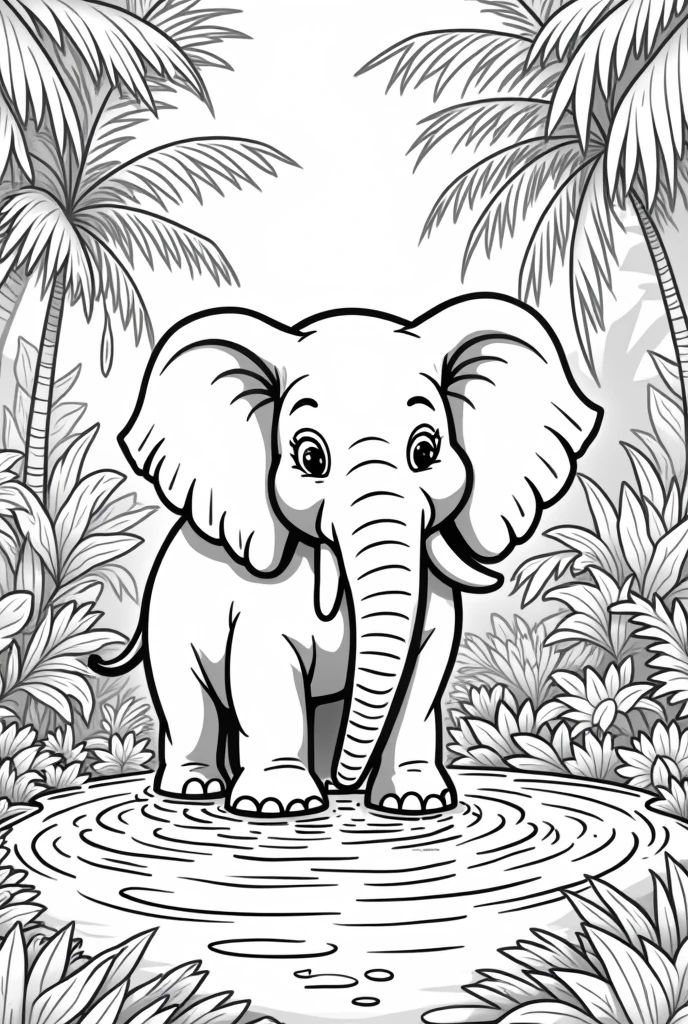 A black and white coloring book page of an elephant playing with water in the jungle
