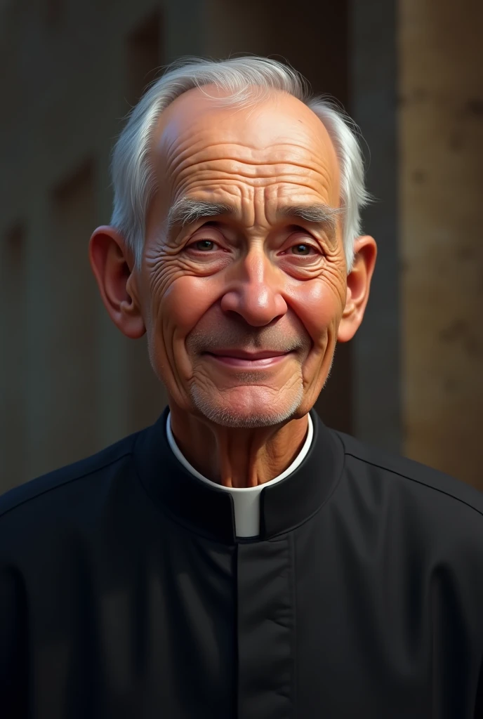 AGE: Around 70 to 80 years old.
face: oval, with a serene and kind expression. She has fair skin that shows signs of aging., like soft wrinkles around the eyes. His face reflects wisdom and compassion.
hair: Gray-haired and thin, with some bald spots visible on top. His hair is short and combed back., in an orderly manner.
eyes: Small and deep, with a calm gaze.
eyebrows: Gray and thin, slightly arched.
nose: Straight and medium sized, well proportioned with the rest of her face.
boca: Thin-lipped, with a kind and reassuring smile. The lips show some lines that indicate their experience and age..
voice: Facial expression should convey warmth and serenity.
outfit: He wears a black cassock, traditional of the priests, with a visible white collar. The cassock is simple and unadorned., reflecting his humility and dedication.
bottom: A neutral or slightly blurred background that suggests a church setting or a community-related scene, like a humble neighborhood, to contextualize their social work.