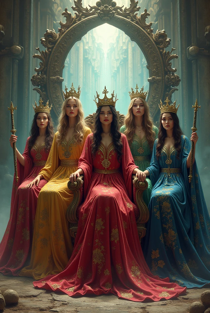 5 women dressed as witches, with a long tunic of different colors, the tunic covers their hair, with a setro in their hand, with their crown on their head, perched on a beautiful throne, behind her there is an open portal to another dimension .