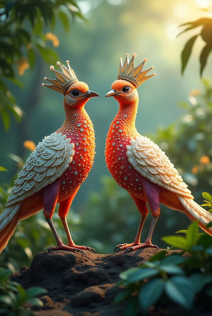 a pair of very beautiful colourful 4K birds which is chirping and speaking, its feathers are studded with diamonds and pearls. On its head is a crown of gold, silver and diamonds and pearls, The birds' long, graceful tail feathers should feature ornate white designs with bead-like decorations. The background should be softly blurred, with natural sunlight filtering through the dense green foliage, creating a magical, serene atmosphere. Capture the details of the birds’ feathers and the hats in ultra-sharp resolution, ensuring a visually stunning and realistic appearance."
