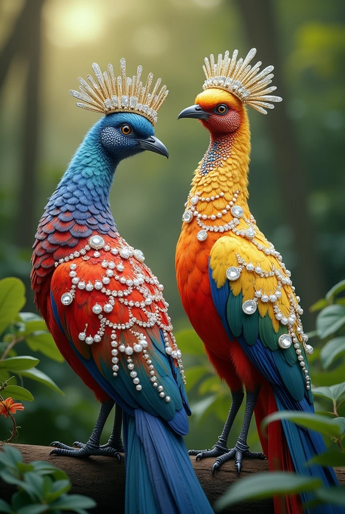 a pair of very beautiful colourful 4K birds which is chirping and speaking, its feathers are studded with diamonds and pearls. On its head is a crown of gold, silver and diamonds and pearls, The birds' long, graceful tail feathers should feature ornate white designs with bead-like decorations. The background should be softly blurred, with natural sunlight filtering through the dense green foliage, creating a magical, serene atmosphere. Capture the details of the birds’ feathers and the hats in ultra-sharp resolution, ensuring a visually stunning and realistic appearance."