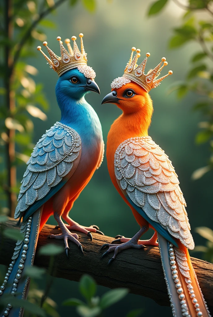 a pair of very beautiful colourful 4K birds which is chirping and speaking, its feathers are studded with diamonds and pearls. On its head is a crown of gold, silver and diamonds and pearls, The birds' long, graceful tail feathers should feature ornate white designs with bead-like decorations. The background should be softly blurred, with natural sunlight filtering through the dense green foliage, creating a magical, serene atmosphere. Capture the details of the birds’ feathers and the hats in ultra-sharp resolution, ensuring a visually stunning and realistic appearance."