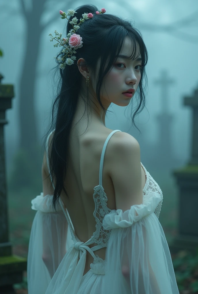 (Female ghost:1.7)、(((In the fog)))、((The body is blurred))、young woman、((Beauty))、Japanese、cute、1、((sexy))、Background Graveyard、(Beautiful back)、Look this way、(((sexyな衣装)))、soul、cigarette、(best quality,4K,8k,highres,masterpiece:1.2),ultra-detailed,(realistic,photorealistic,photo-realistic:1.37),HDR,uhd,studio lighting,ultra-fine painting,sharp focus,physically-based rendering,extreme detail description,professional,vivid colors,bokeh,cinematic lighting,dramatic shadow,