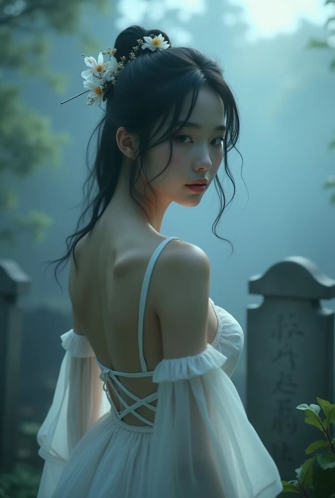 (Female ghost:1.7)、(((In the fog)))、((The body is blurred))、young woman、((Beauty))、Japanese、cute、1、((sexy))、Background Graveyard、Beautiful back、(((sexyな衣装)))、soul、cigarette、(best quality,4K,8k,highres,masterpiece:1.2),ultra-detailed,(realistic,photorealistic,photo-realistic:1.37),HDR,uhd,studio lighting,ultra-fine painting,sharp focus,physically-based rendering,extreme detail description,professional,vivid colors,bokeh,cinematic lighting,dramatic shadow,
