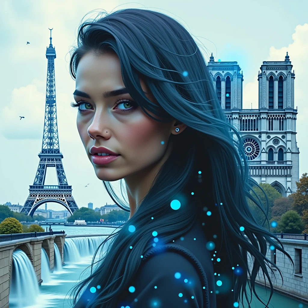  paysage hyer réaliste, double exposition, superositions, incrustations, cascades magiques, tour Eiffel, notre dame de paris, portrait de femme aux cheveux longs noirs reflets bleus