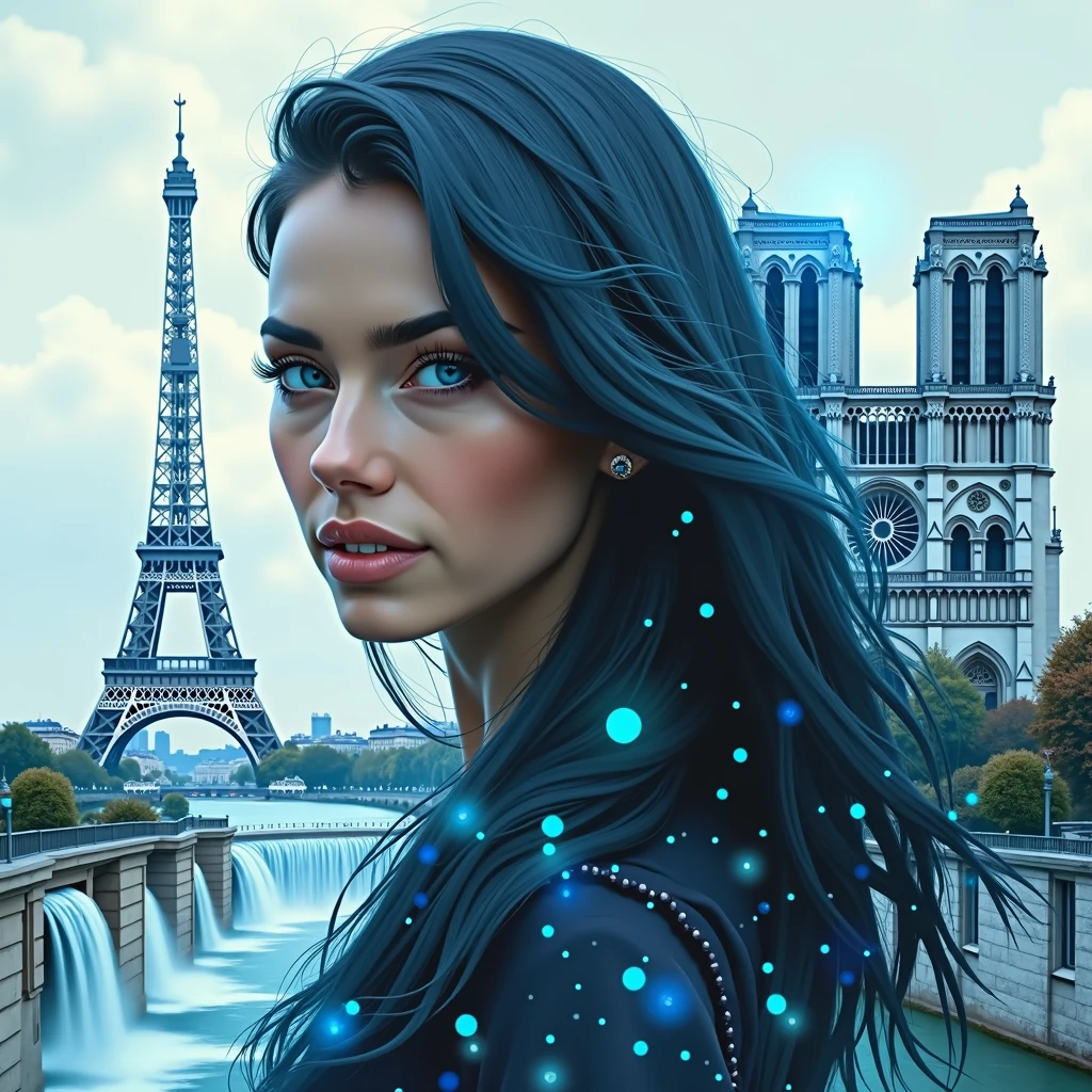  paysage hyer réaliste, double exposition, superositions, incrustations, cascades magiques, tour Eiffel, notre dame de paris, portrait de femme aux cheveux longs noirs reflets bleus