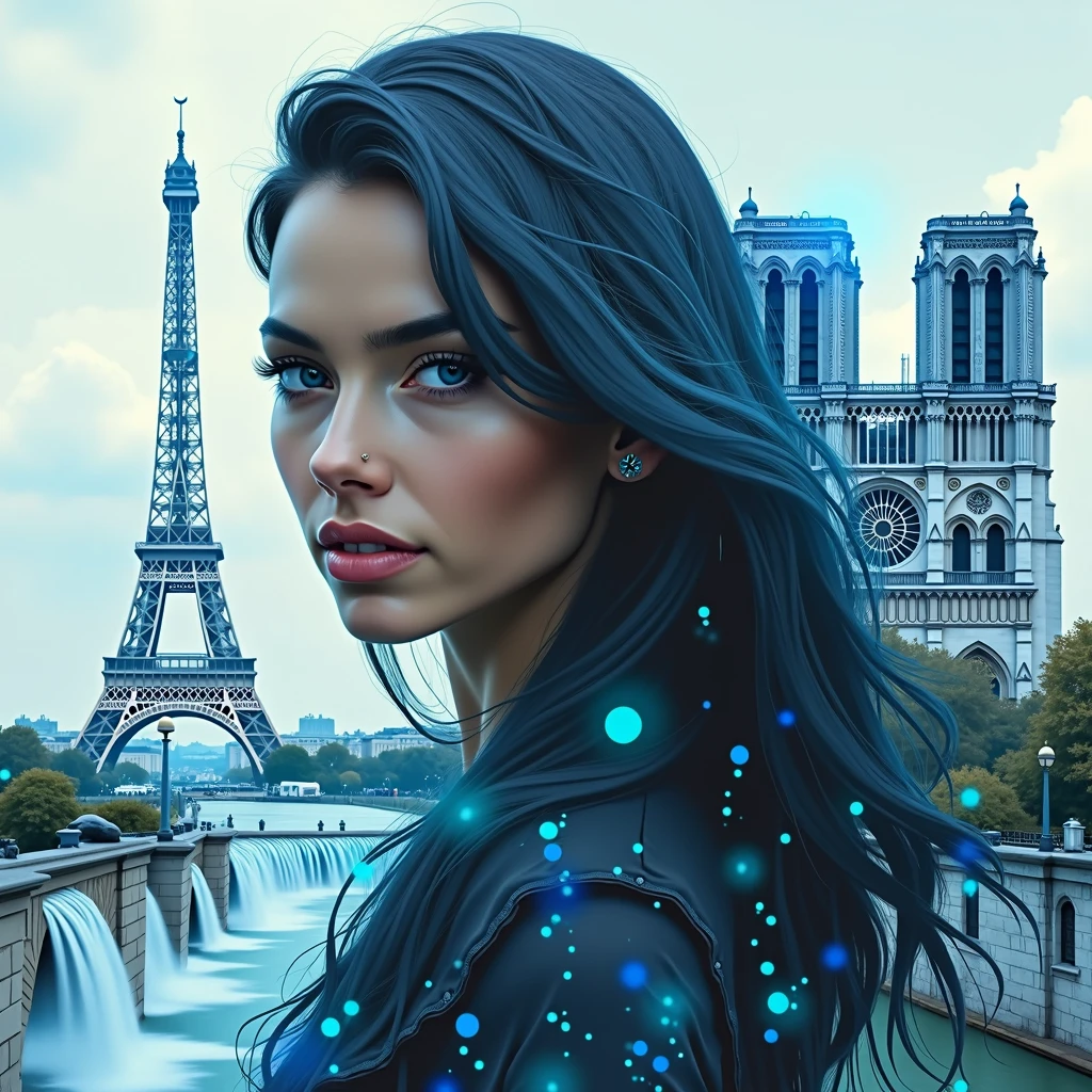paysage hyer réaliste, double exposition, superositions, incrustations, cascades magiques, tour Eiffel, notre dame de paris, portrait de femme aux cheveux longs noirs reflets bleus