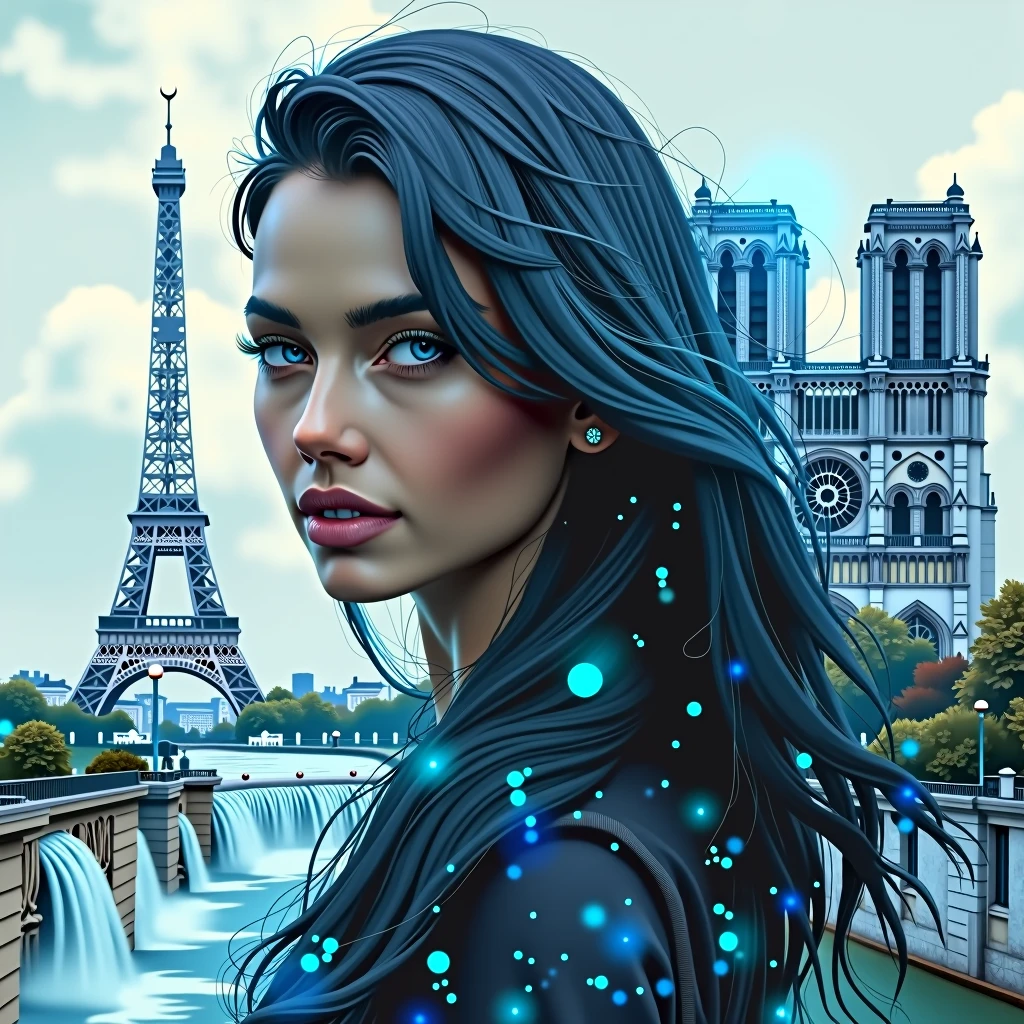 paysage hyer réaliste, double exposition, superositions, incrustations, cascades magiques, tour Eiffel, notre dame de paris, portrait de femme aux cheveux longs noirs reflets bleus